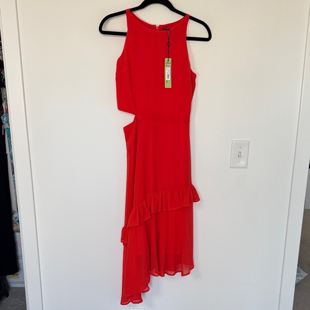 Sam Edelman NWT Side Cut Out Asymmetrical Hem Ruffle Dress, Red Coral - Size 2 - Picture 3 of 10